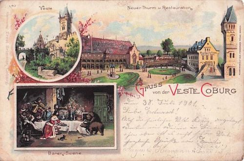 Lithographie Coburg, Veste Coburg mit Gesamtansicht, Hauptportal, Schloßplatz mit Arkaden