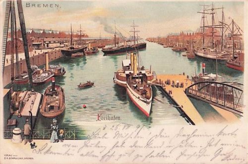 Lithographie des Freihafens in Bremen mit dem Raddampfer „Forelle“ um das Jahr 1898