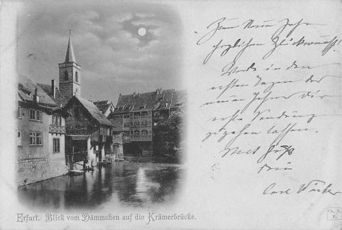 Alte Postkarte Erfurt – Krämerbrücke & Gelaufene Kurrent-Schrift (1900er)