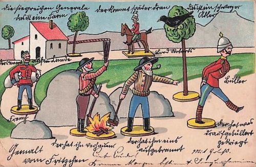 Historische satirische Künstler-Postkarte zum Burenkrieg – Holzspielzeug-Stil (ca. 1901)