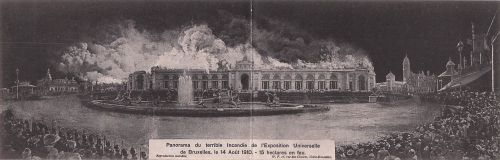 Panorama du terrible Incendie de l'Exposition Universelle de Bruxelles, le 14 Août 1910. 15 hectares en feu.