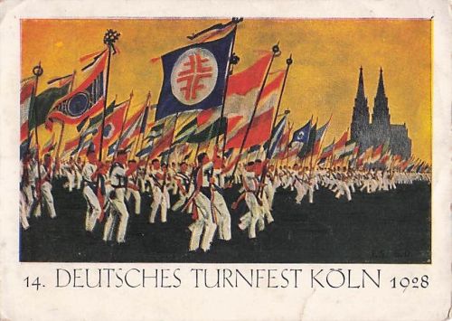 Künstler Ansichtskarte / Postkarte Köln am Rhein, 14. Deutsches Turnfest 1928, Fahnenaufmarsch am Stadion