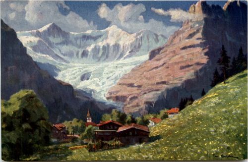 Grindelwald mit den Fiescherhörnern - Künstlerkarte Paola Kutscha