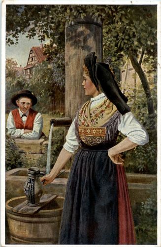 Elsässer Tracht - Am Brunnen - Künstler H. Hoffmann