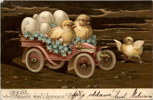 Auto mit Kücken - Prägekarte