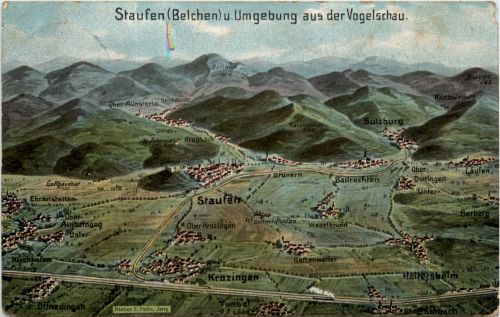 Staufen und Umgebung aus der Vogelschau - Künstlerkarte E. Felle