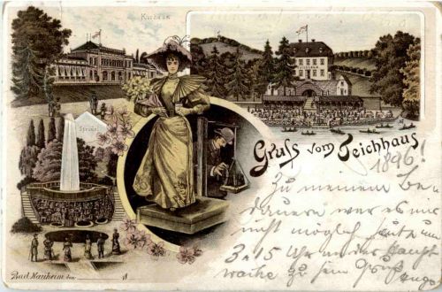 Bad Nauheim - Gruss vom Teichhaus - Litho