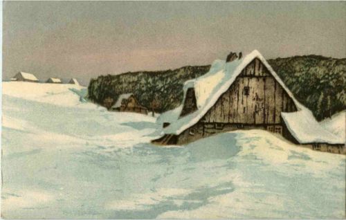 Abendlicht auf den Grenzbauden - Künstlerkarte Friedrich Iwan