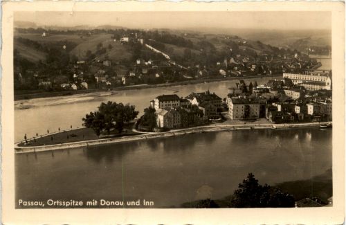 Passau, Ortsspitze mit Donau und Inn