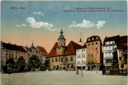 Jena, Markt, Rathaus mit Bismarckbrunnen und Denkmal