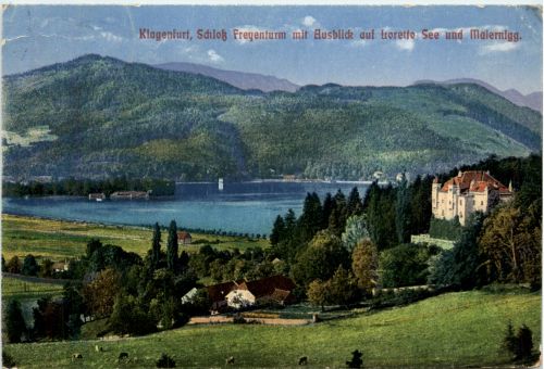 Klagenfurt, Schloss Freyenturm mit Ausblick auf Loretto, See und Maiern