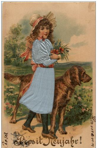 Kind mit Hund - Prägekarte Seidenkarte