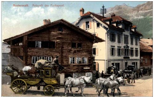 Andermatt - Ankunft der Furkapost - Postkutsche