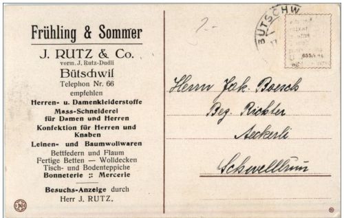 Bütschwil - J. Rutz &amp; Co - Werbekarte