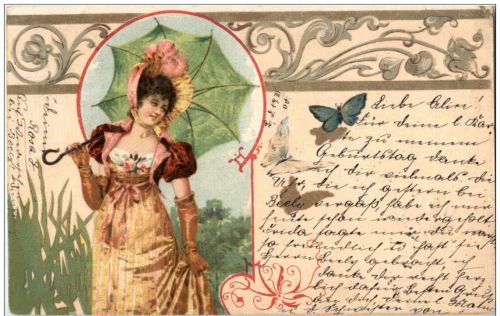 Frau mit Schirm - Litho