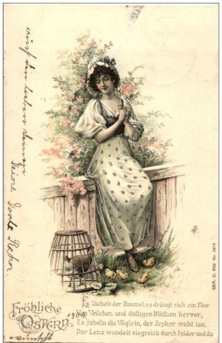 Frau mit Hühner - Chicken Prägekarte