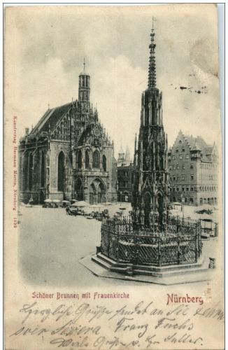 Nürnberg - Schöner Brunnen mit Frauenkirche - Prägekarte