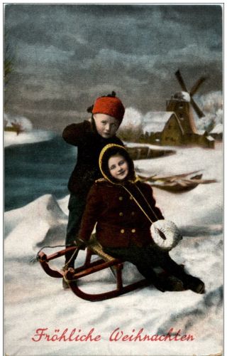 Weihnachten - Kinder mit Schlitten