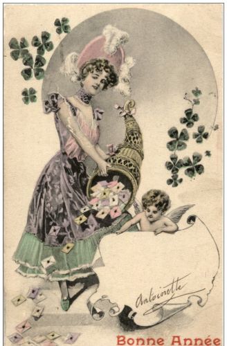 Bonne Annee - Frau mit Füllhorn und Engel