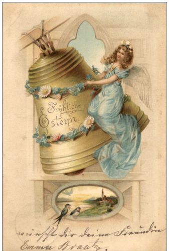 Ostern - Frau mit glocke Litho