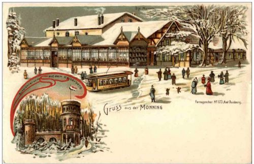 Gruss aus Monning - Litho - Strassenbahn