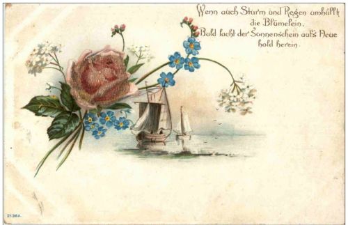 Schiff mit Blumen - Litho