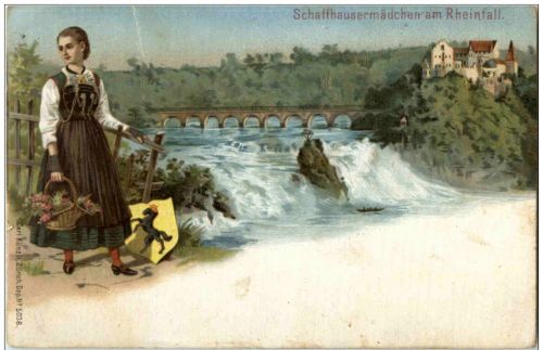 Schaffhausermädchen am Rheinfall - Litho