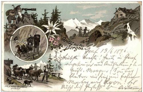 Gruss aus den Bergen - Postkutsche - Zwerg - Litho - Verlag Schlumpf