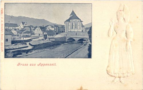 Gruss aus Appenzell - Prägekarte mit Tracht auf Rückseite