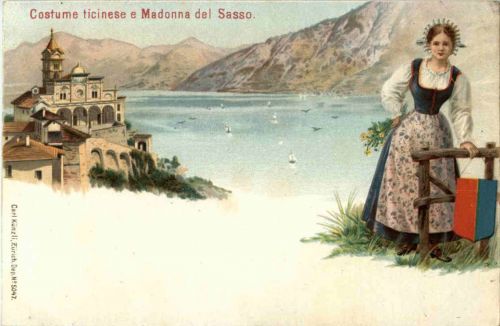 Costume ticinese e Madonna del Sasso - Litho