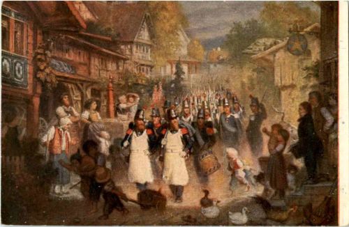 Soldaten durch ein St. Gallisches Dorf - Künstlerkarte E. Rittmeyer