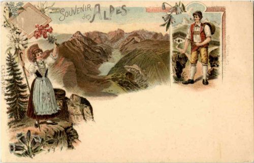 Souvenir des Alpes - Gruss aus den Bergen - Litho