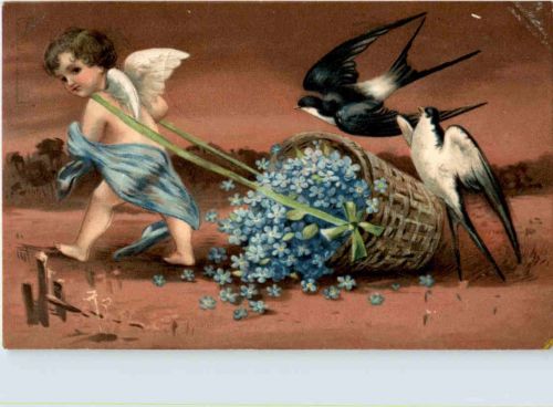 Engel mit Schwalben - Prägekarte