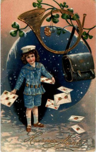 Kinder mit Posthorn - Prägekarte