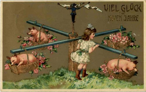 Kind mit Schwein - Prägekarte