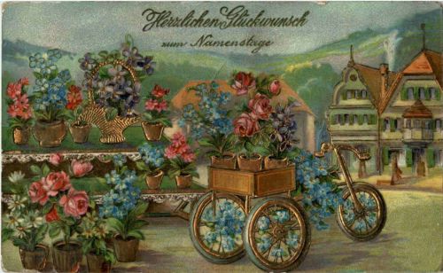 Fahrrad mit Blumen - Prägekarte