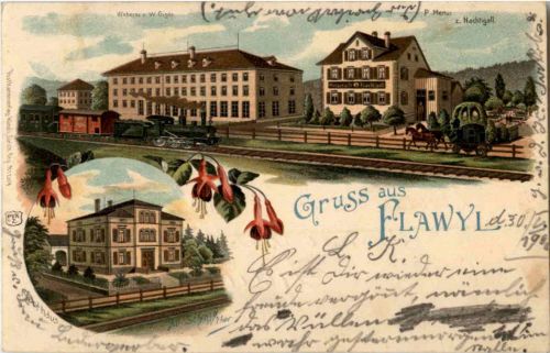 Gruss aus Flawil - Litho mit Eisenbahn