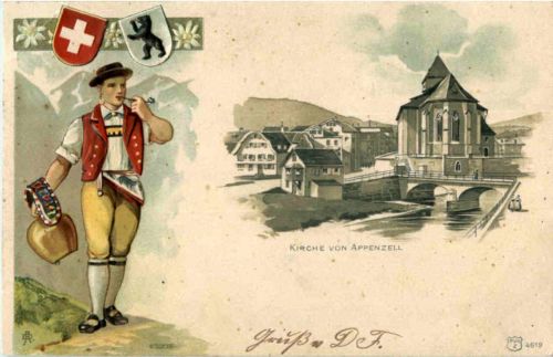 Kirche von Appenzell - Litho Prägekarte