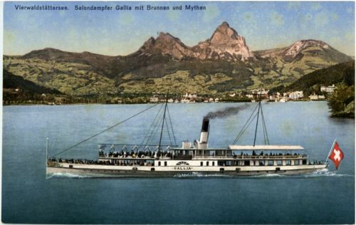 Salondampfer Gallia mit Brunnen und Mythen