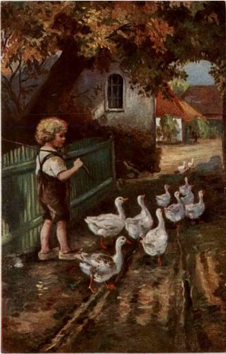 Kind mit Gänsen - sign B. Friesen