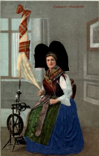 Elsässerin - Spinnrad mit Stoff - Prägekarte