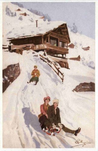 Rodeln - Künstlerkarte Magrini - Repro