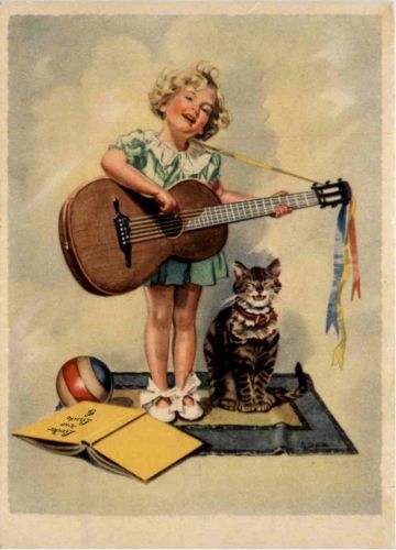 Kind mit Gitarre und Katze