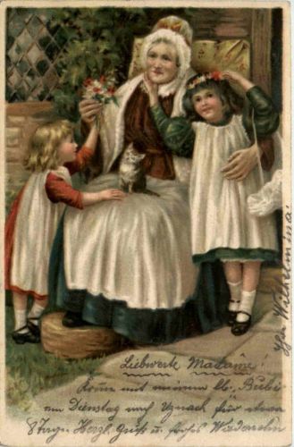 Grossmutter mit Kindern und Katze