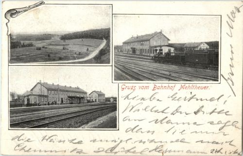 Gruss vom Bahnhof Mehltheuer .- Rosenbach - Litho