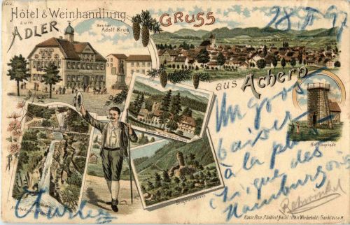 Gruss aus Achern - Weinhandlung zum Adler - Litho