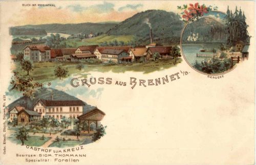 Gruss aus Brennet - Gasthof zum Kreuz - Litho