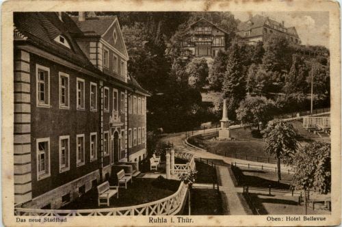 Ruhla i.Thür. - Das neue Stadtbad - oben Hotel Bellevue