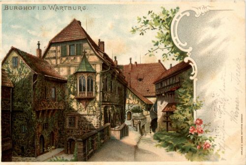 Eisenach - Burghof in der Wartburg - Litho