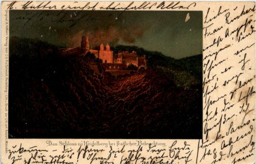 Schloss zu Heidelberg in festlicher Beleuchtung - Litho